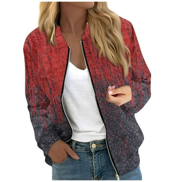 GXIPO Women's Casual Floral Zip Up Bomber Jacket Coat Stand Collar Lightweight Short Outwear Tops Windbreaker with Pockets Red XL