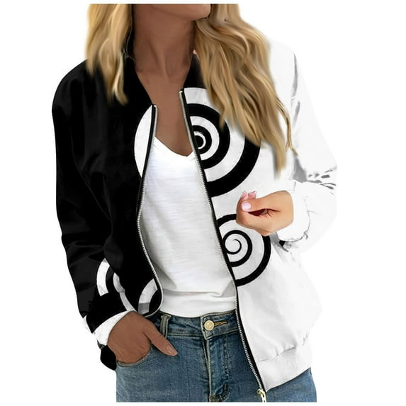 GXIPO Women's Casual Floral Zip Up Bomber Jacket Coat Stand Collar Lightweight Short Outwear Tops Windbreaker with Pockets White 2XL