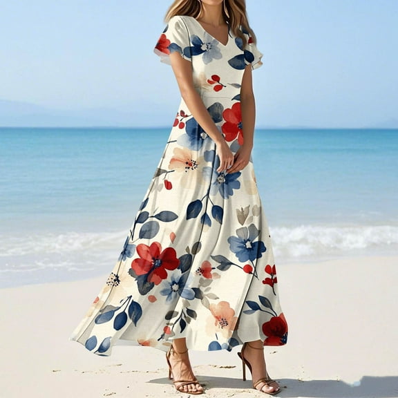 GXIPO Women's Casual V Neck Maxi Dress Flowy Boho Floral Print Dress Short Sleeve Lightweight Summer Dress Navy XS
