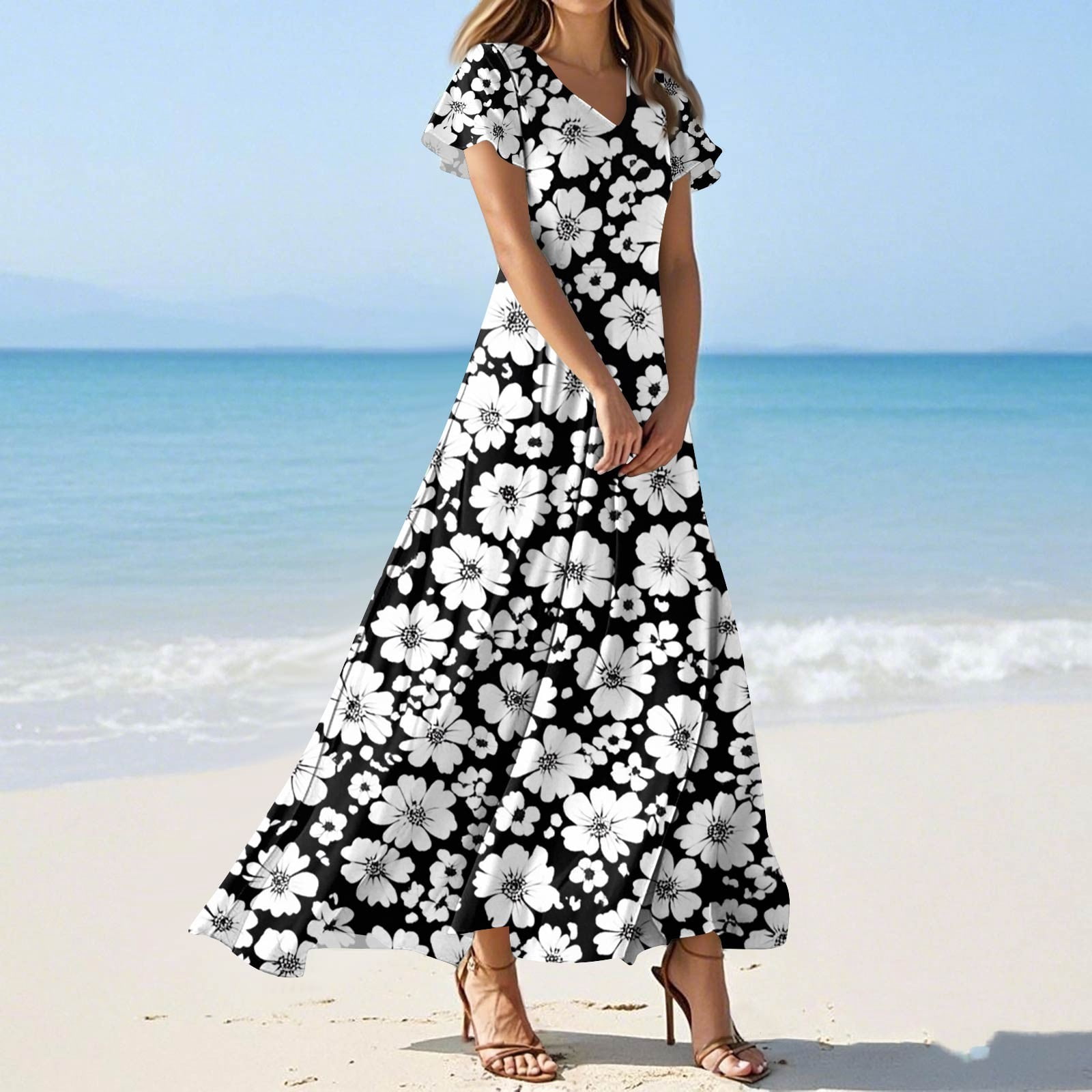 Women's Elegant Flowy Sleeveless V-Neck Lightweight Fabric Maxi Dress