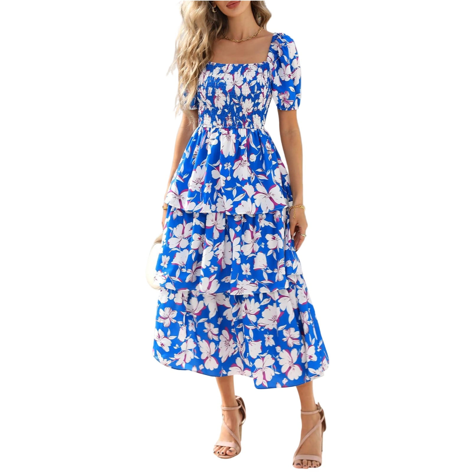 bohemian flower crossover empire waist dress Boho Strapless Floral Maxi Dress - Patchwork Ruffle Layered Long Dress in Pink | Women's Boho Fashion | 3XL main image 1