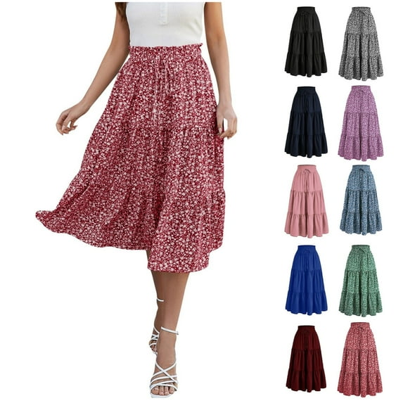 GXIPO Women's Comfy Midi Skirt High Waist Floral Tiered Skirt Flowy Elastic Summer Boho Skirt Army Green S