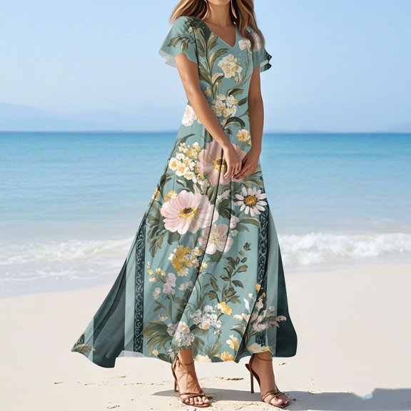 GXIPO Women's Elegant Empire Waist Maxi Dress Floral Chiffon Flowy Dress Short Sleeve Semi-Formal Wedding Guest Dress Green 2XL
