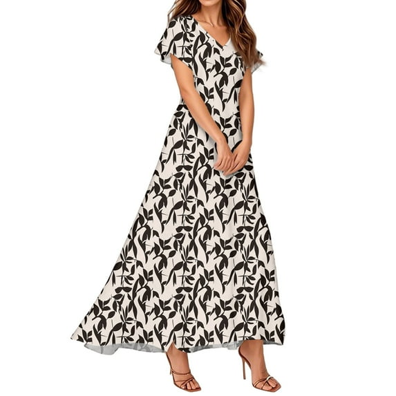 GXIPO Women's Elegant Floral Maxi Dress Empire Waist Flowy Chiffon Dress Semi-Formal Wedding Guest Dress for Summer Beige XL