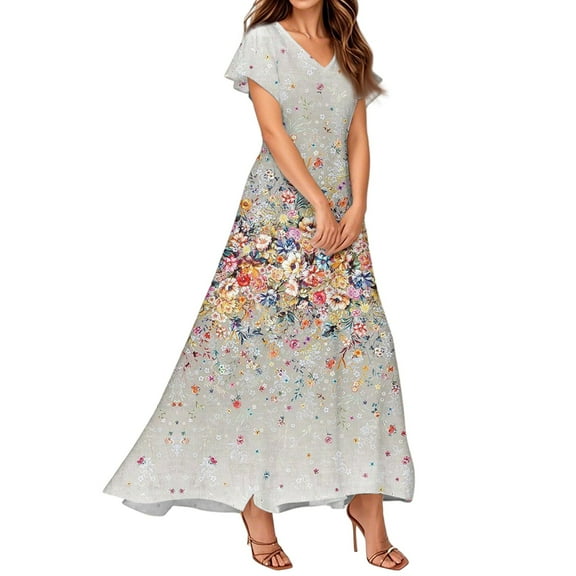GXIPO Women's Elegant Floral Maxi Dress Empire Waist Flowy Chiffon Dress Semi-Formal Wedding Guest Dress for Summer Gray M