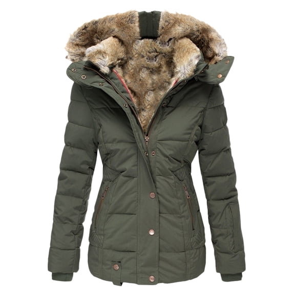 GXIPO Women's Faux Fur Hooded Coats Warm Puffer Thicken Parka Overcoat Lined Down Jacket Puffer Coats Army Green M