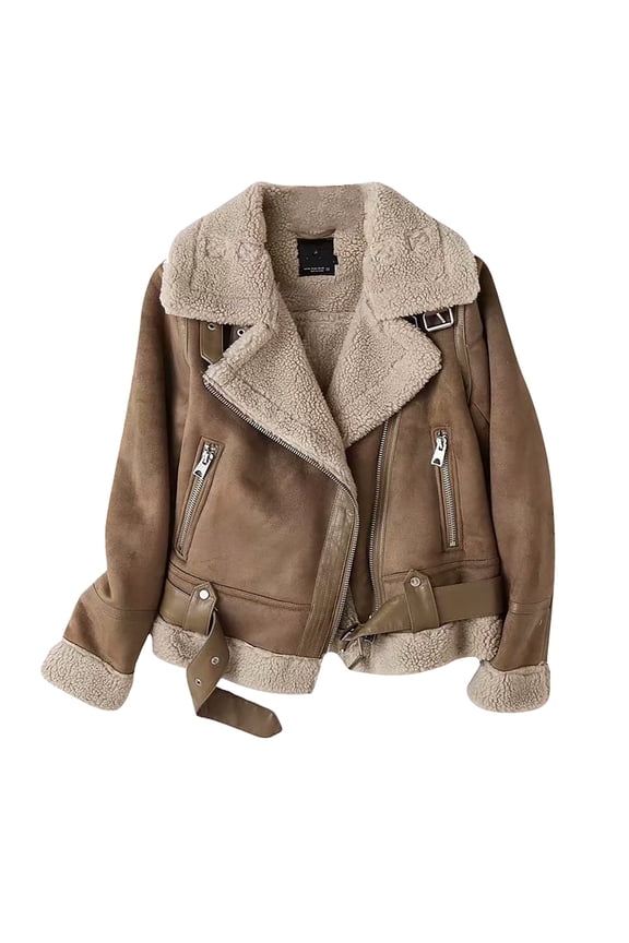 Women's Faux Shearing Moto Jacket Thick Lined Parka Winter Shearling Coat Leather Jacket Coffee L