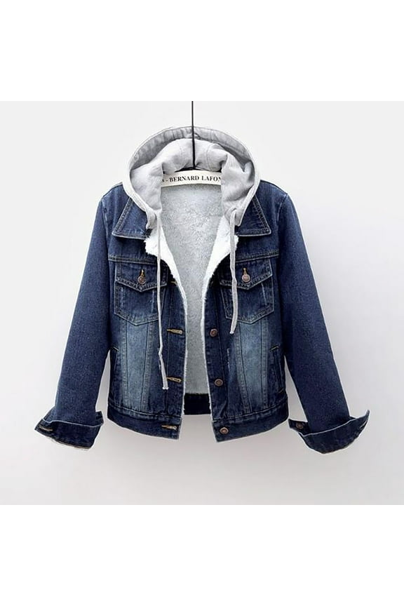 Women's Jean Buttons Ripped Denim Jackets Coats with Detachable Hood,Sherpa Fleece Linings And regular Jackets Dark Blue 4XL
