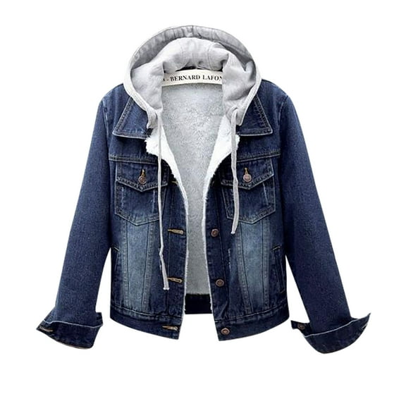 GXIPO Women's Jean Buttons Ripped Denim Jackets Coats with Detachable Hood,Sherpa Fleece Linings And regular Jackets Dark Blue L