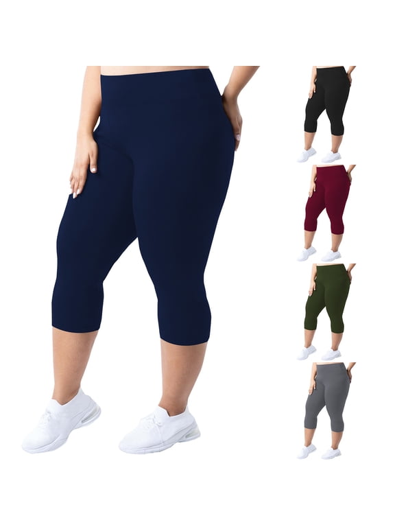 Women's Plus Size Capri Leggings Compression High Waist Tummy Control Workout Pants Black 4XL