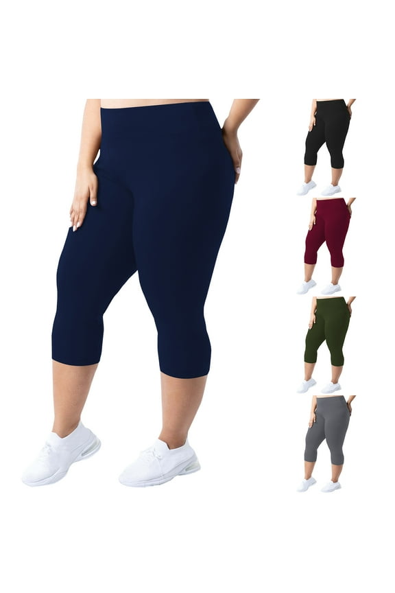 Women's Plus Size Capri Leggings Compression High Waist Tummy Control Workout Pants Black 4XL