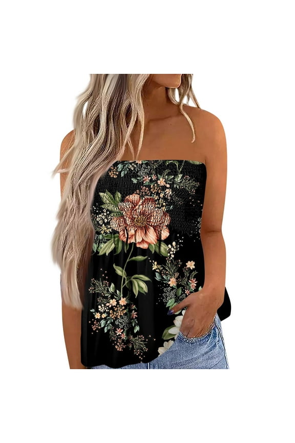 Women's Plus Size Tube Tops Strapless Blouse Pleated Sleeveless Stretchy Sleeveless Flare Hem Tube Black S