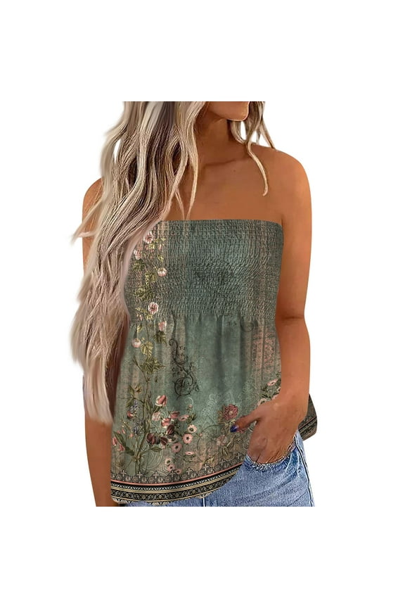 Women's Plus Size Tube Tops Strapless Blouse Pleated Sleeveless Stretchy Sleeveless Flare Hem Tube Dark Green 2XL