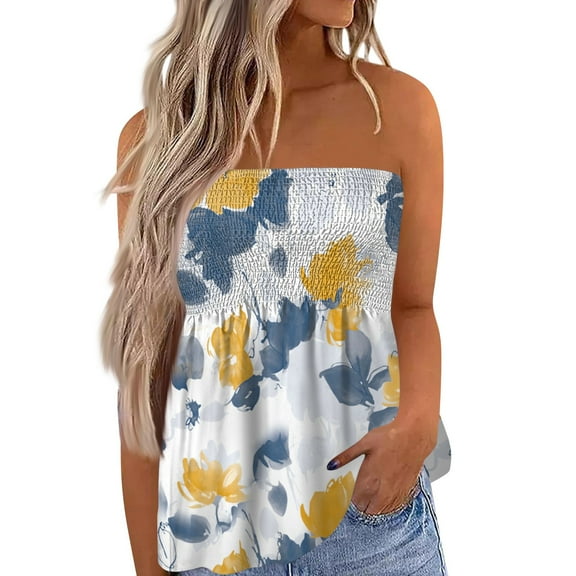 GXIPO Women's Plus Size Tube Tops Strapless Blouse Pleated Sleeveless Stretchy Sleeveless Flare Hem Tube Yellow S