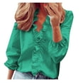 thumbnail image 1 of GXIPO Women's Ruffle Trim Button Up Long Sleeve Blouse Top Cotton Stand Collar Elegant Work Shirt Green L, 1 of 6