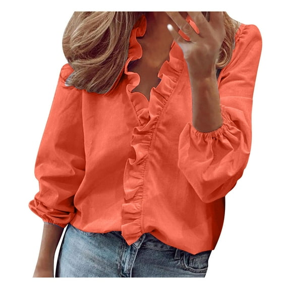 GXIPO Women's Ruffle Trim Button Up Long Sleeve Blouse Top Cotton Stand Collar Elegant Work Shirt Orange 5XL
