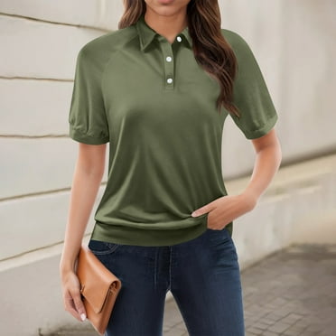 GXIPO Women's Short Sleeve V-Neck Polo Shirts Business Casual Work Collared Tops Dressy Casual Cute Blouses Army Green M