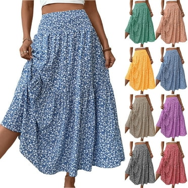 GXIPO Women's Smocked High Waist Maxi Skirt Casual Boho Long Skirts with Pockets Blue XL