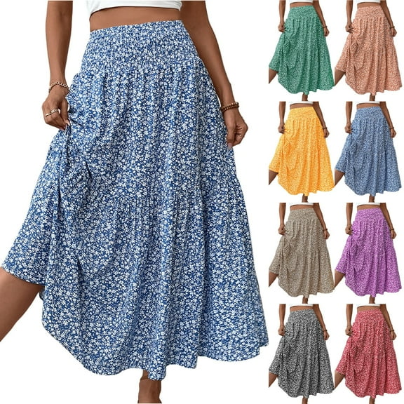 GXIPO Women Boho Vintage Floral Print Long Skirt Summer Tiered Maxi Skirt Blue XL