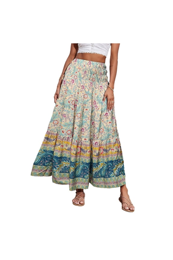 Women's Smocked High Waist Maxi Skirt Casual Boho Long Skirts with Pockets Mint Green XL