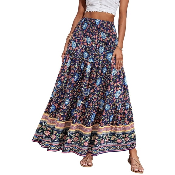 GXIPO Women's Smocked High Waist Maxi Skirt Casual Boho Long Skirts with Pockets Navy L