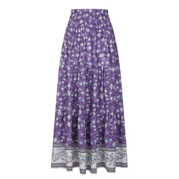 Women's Smocked High Waist Maxi Skirt Casual Boho Long Skirts with Pockets Purple L