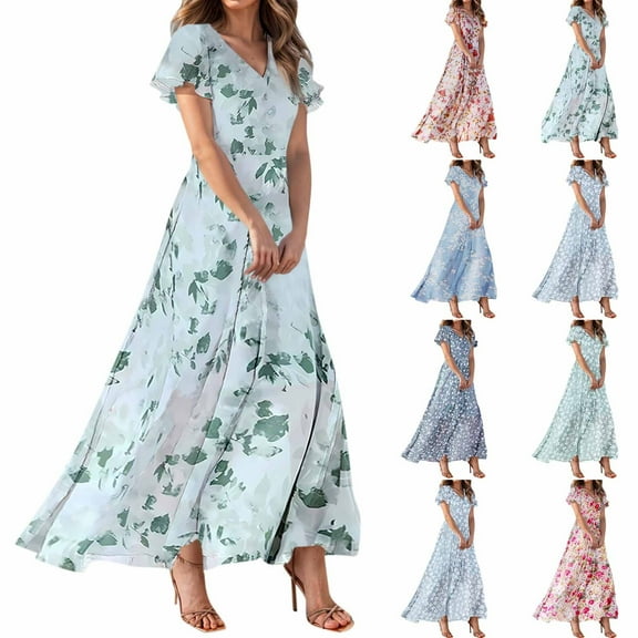 GXIPO Women's Summer Casual Maxi Dress Floral Print V Neck Chiffon Dress Flowy Boho Beach Dress for Vacation Dark Blue L