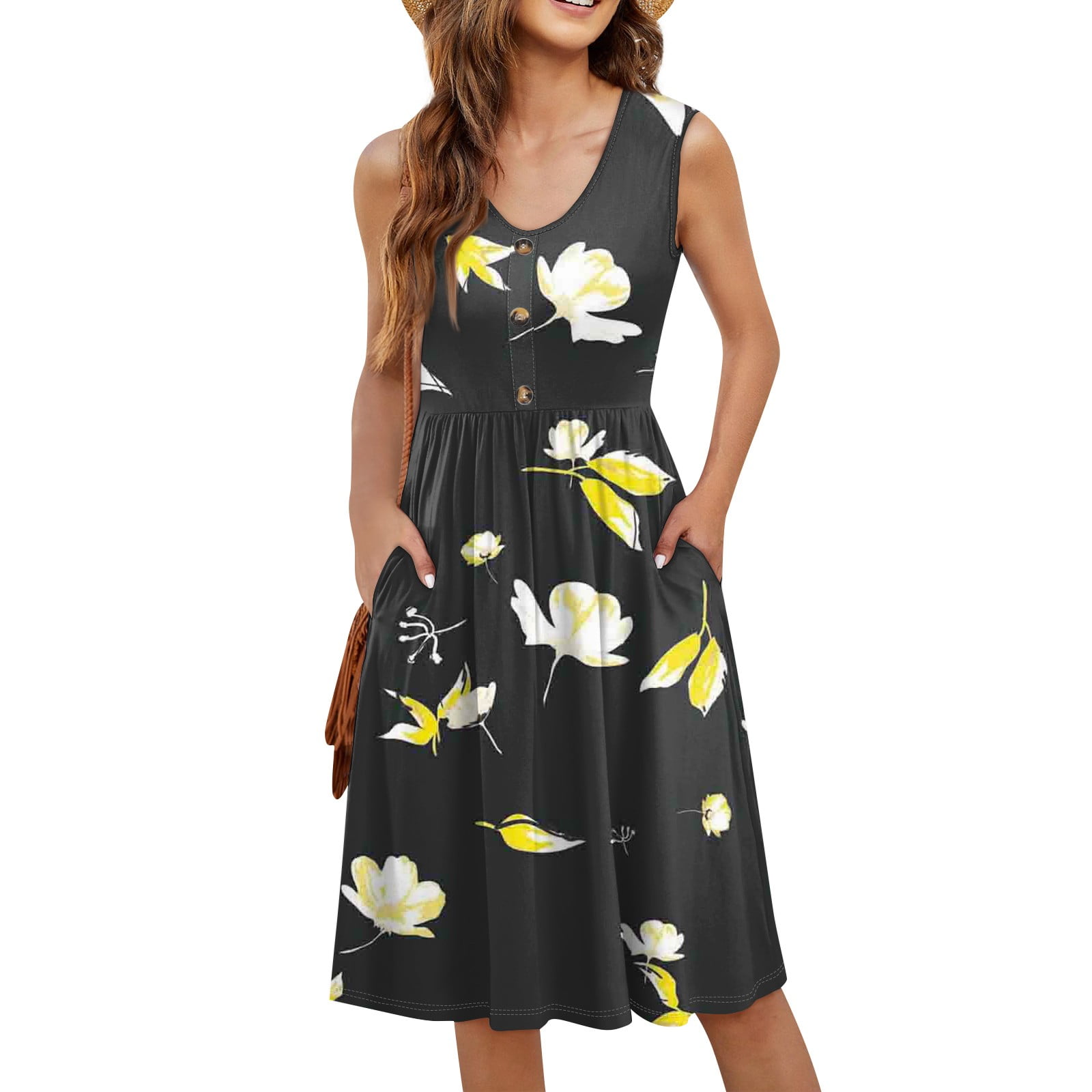 Moss Rose Women's Summer Sleeveless Swing Dress - Casual Loose Midi Dress With Pockets, Polyester-Cotton Blend