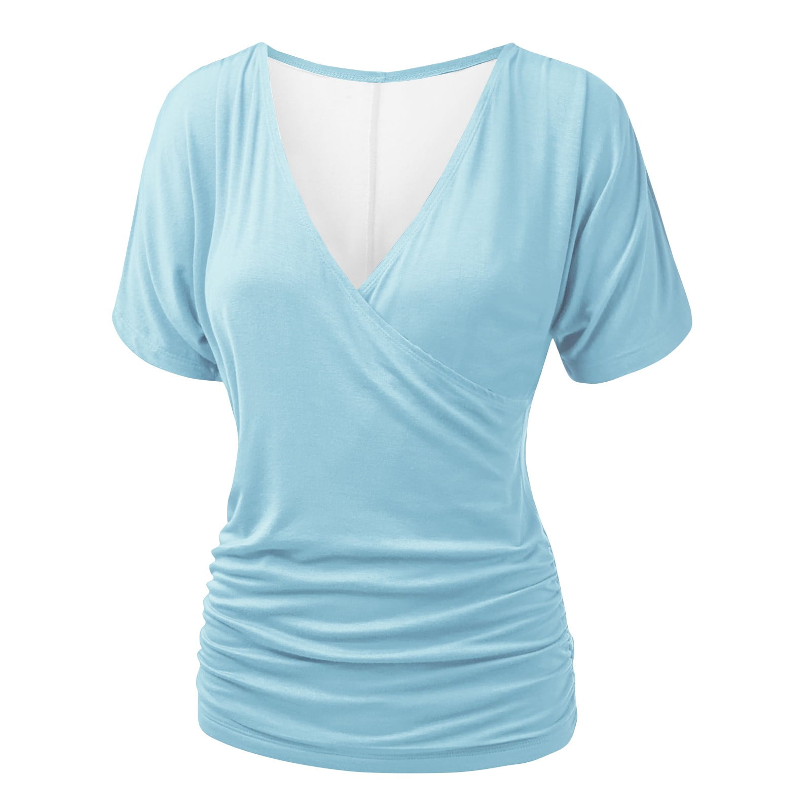 GXIPO Women's Top Deep V Neck Slim Fitted T-Shirt Front Wrap Ruched ...