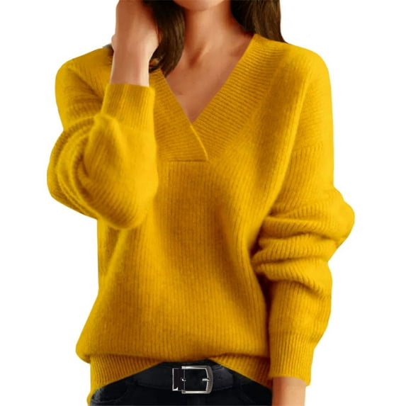 GXIPO Women's V-Neck Knitting Pullovers Casual Loose Thick Long Sleeve Sweater Yellow S