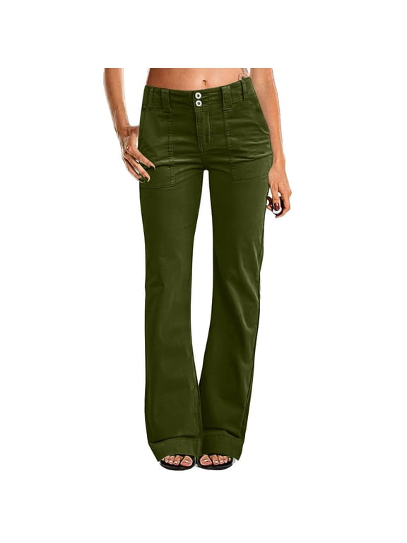 Women's Wide Leg Jeans Mid Waist Flare Jeans for Women Straight Leg Dress Pants Army Green L