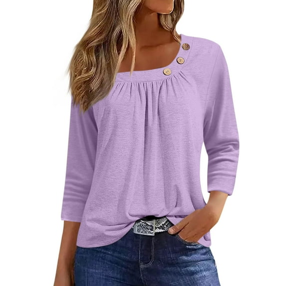 GXIPO Womens 3/4 Sleeve Tops Square Neck Summer Shirts Blouses Buttons Pleated Solid Plus Size Tunic Tops Clearance Purple L