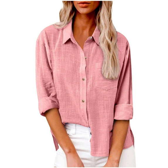 GXIPO Womens Button Down Shirts Dress Shirts Long Sleeve Wrinkle Free Collared Work Office Blouses Cotton Linen Tops Pink XL