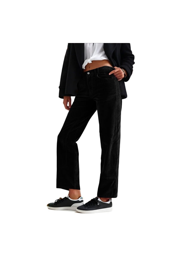 Womens Corduroy Pants Straight Leg Work Mid-Rise Fall Winter Casual Cropped Ankle Pants Black L