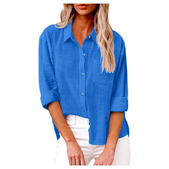GXIPO Womens Button Down Shirts Dress Shirts Long Sleeve Wrinkle Free Collared Work Office Blouses Cotton Linen Tops Royal Blue XL