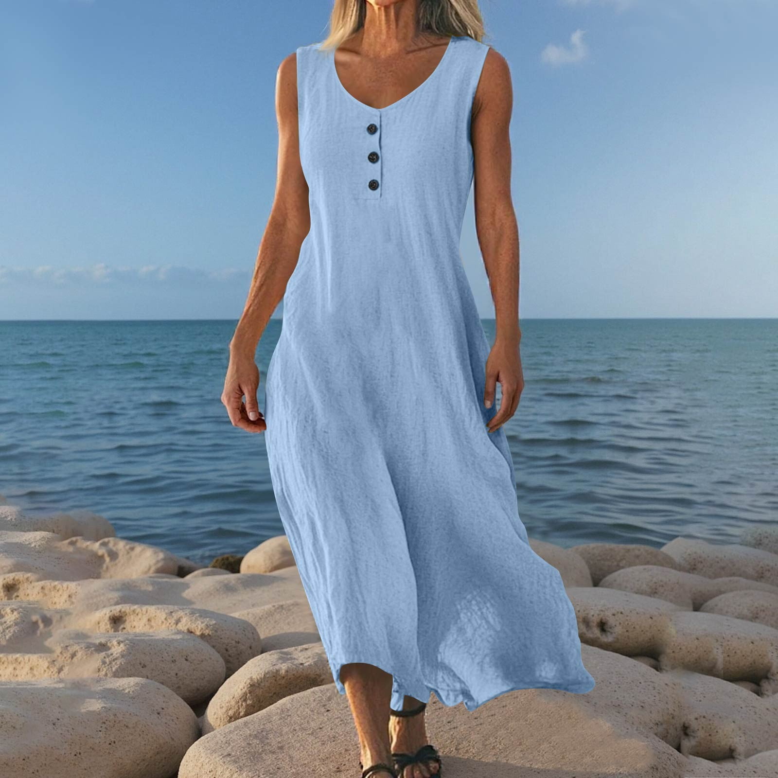 GXIPO Womens Cotton Linen Casual Summer Maxi Dress 2025 Solid Sundress ...