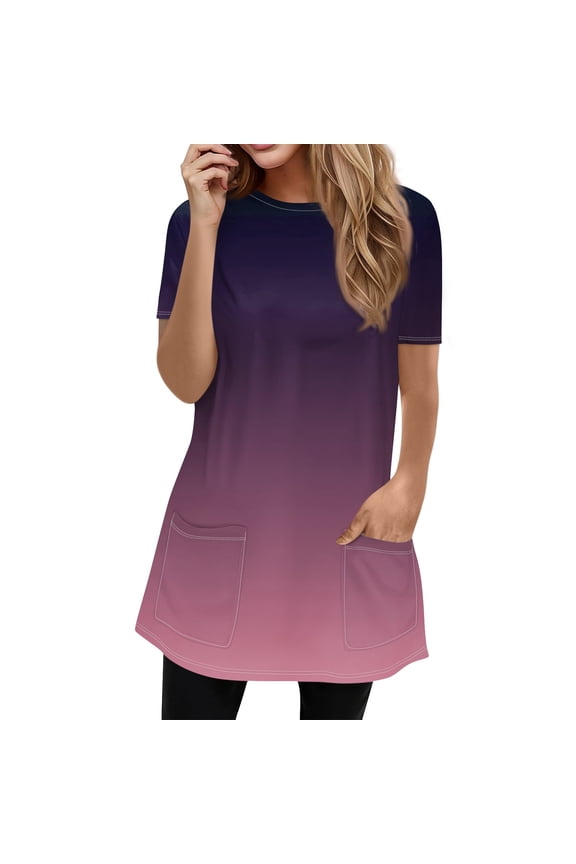 Womens Fall Tunic Tops for Leggings Casual Short Sleeve Long Shirts with Pockets Purple M