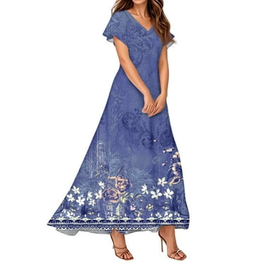 Women's 2025 Summer Floral Midi Dress - Boho V-Neck Short Sleeve Flowy Beach & Vacation Dress