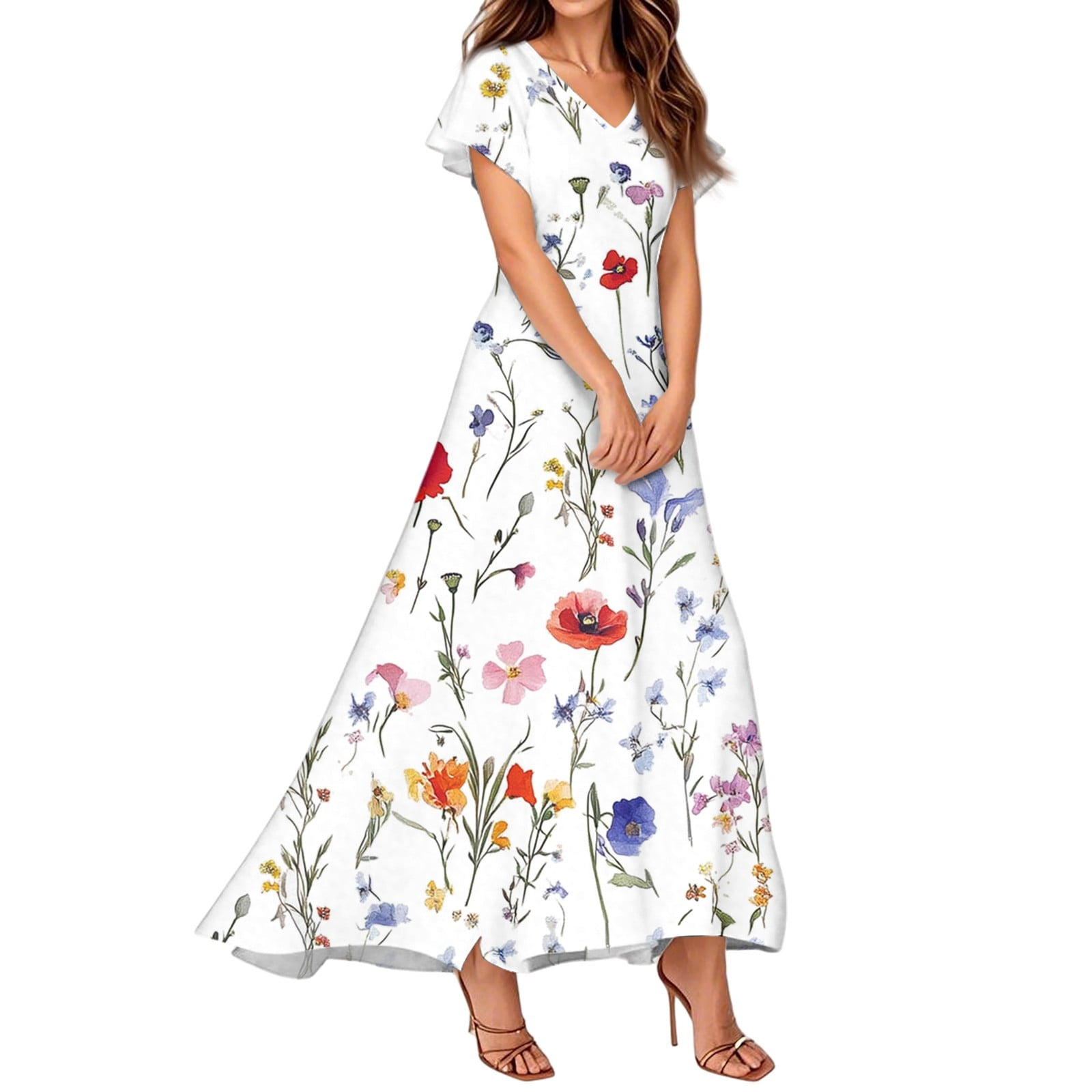 GXIPO Womens Floral V Neck Short Ruffle Sleeve Chiffon Dress Boho ...
