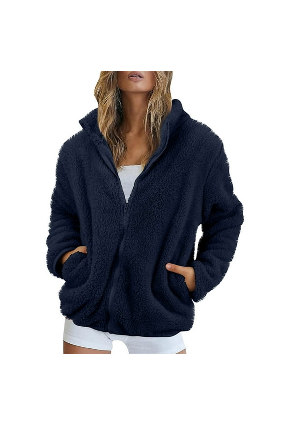 Womens Fuzzy Sherpa Fleece Jacket Zip Up Oversized Winter Warm Sweatshirt Hoodies 2024 Navy XL