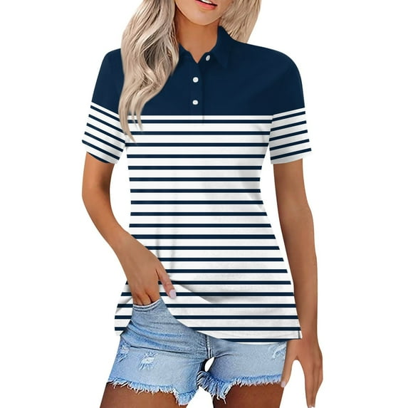 GXIPO Womens Golf Polo Shirts Collared Short Sleeve T Shirt Lightweight Moisture Wicking Polo Casual 3 Buttons Basic Tops Striped Navy L