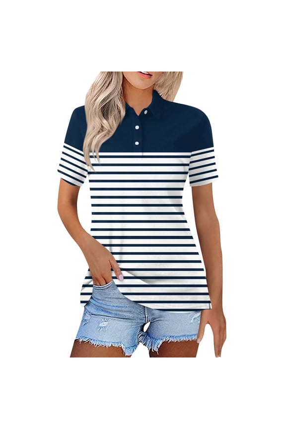 Womens Golf Polo Shirts Collared Short Sleeve T Shirt Lightweight Moisture Wicking Polo Casual 3 Buttons Basic Tops Striped Navy M