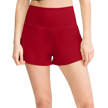 AUTOMET Women's High-Waisted Workout Shorts - Quick-Dry Stretchy Gym Shorts For Running & Summer, Red, Medium