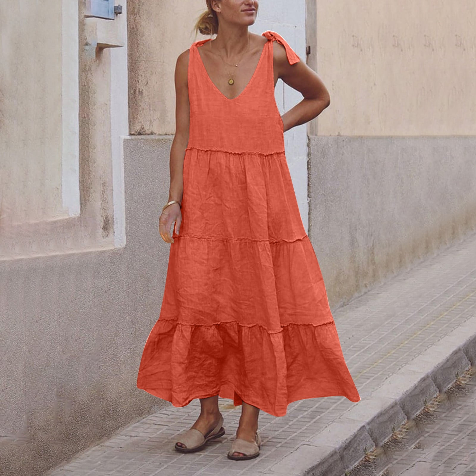 GXIPO Womens Linen Maxi Dresses Spaghetti Strap V Neck Ruffle Tiered ...