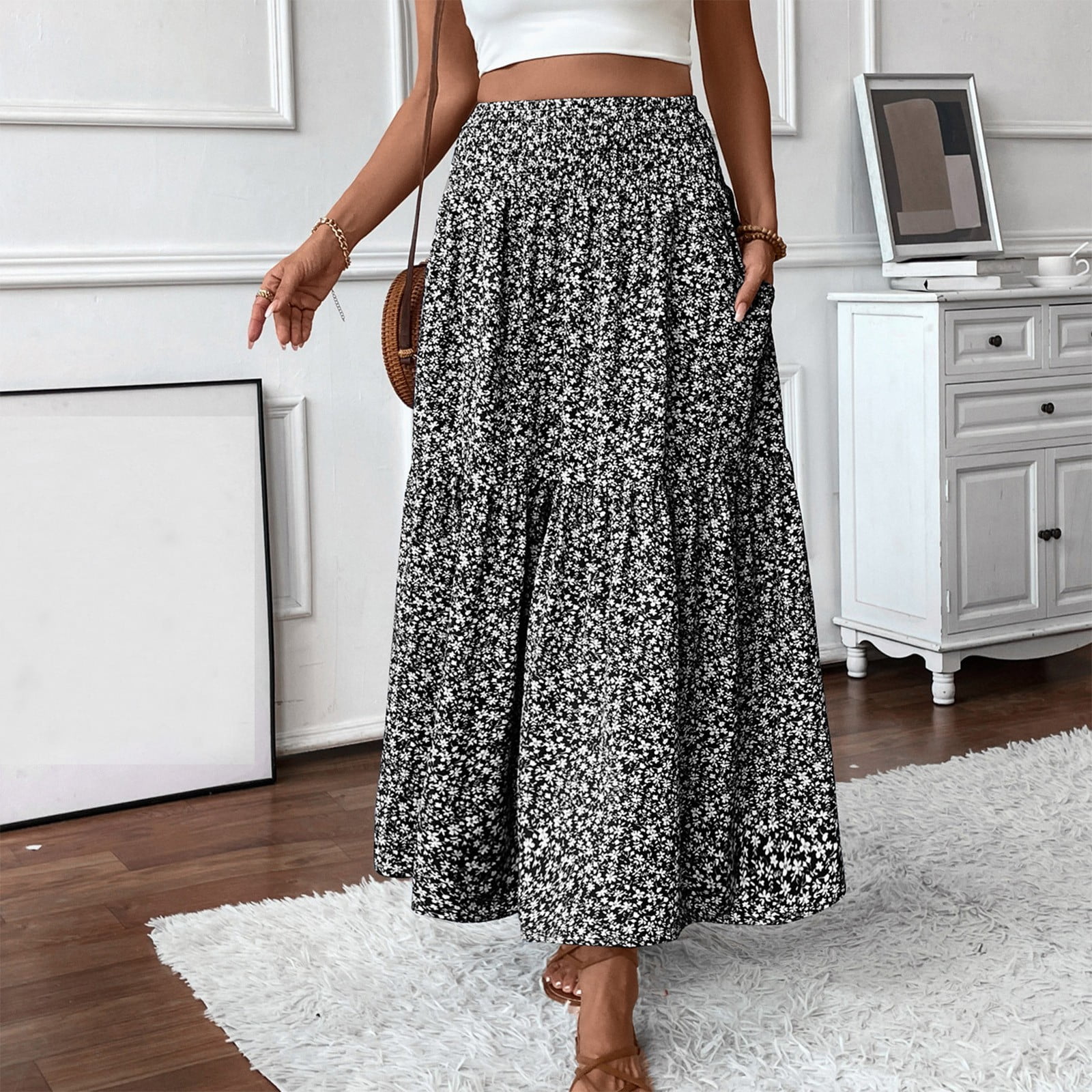 スカート Random Pleated Maxi Skirt Maxi Skirts for Women 2025 Solid Color High Waist Pleated
