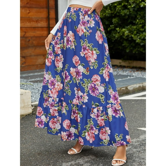 Womens Maxi Skirt 2025 Casual Flowy Elastic High Waist Long Skirts with Pockets Summer Beach Style Blue L
