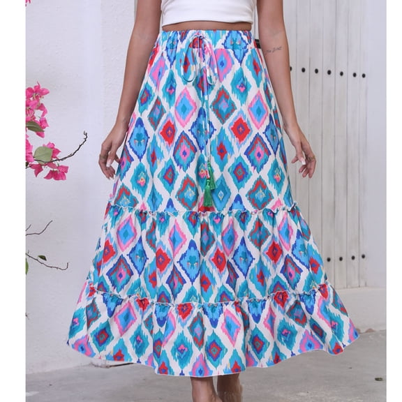 Womens Maxi Skirt 2025 Casual Flowy Elastic High Waist Long Skirts with Pockets Summer Beach Style Blue M