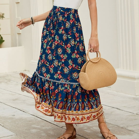 Womens Maxi Skirt 2025 Casual Flowy Elastic High Waist Long Skirts with Pockets Summer Beach Style Dark Blue S