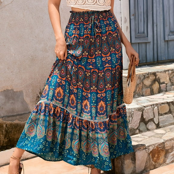 GXIPO Womens Maxi Skirt 2025 Casual Flowy Elastic High Waist Long Skirts with Pockets Summer Beach Style Navy XL