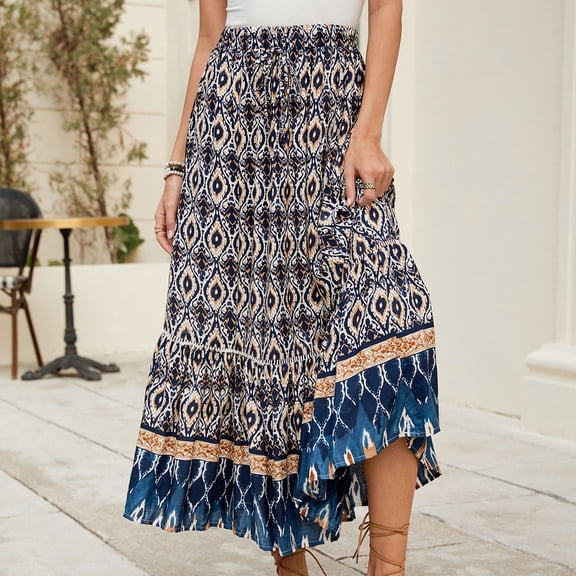 GXIPO Womens Maxi Skirt 2025 Casual Flowy Elastic High Waist Long Skirts with Pockets Summer Beach Style Navy XL